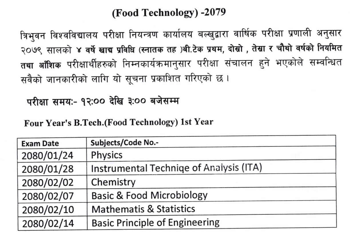 Bachelor in Food Technology 1st Year Exam Routine