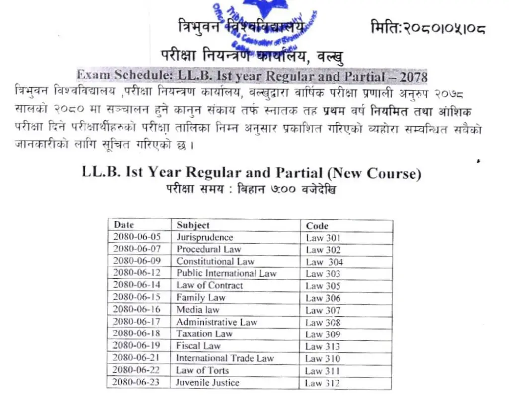 LLB First Year Exam Routine 2080 for New Course Students